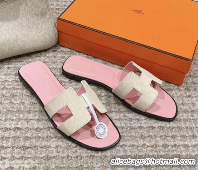 Most Popular Hermes Classic Oran Flat Slide Sandals in Palm Grained Leather White/Pink 123056