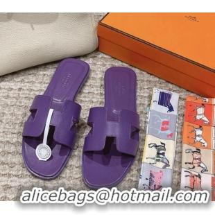 Shop Duplicate Hermes Classic Oran Flat Slide Sandals in Palm Grained Leather Purple 123057