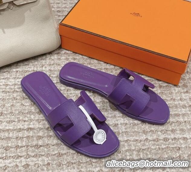 Shop Duplicate Hermes Classic Oran Flat Slide Sandals in Palm Grained Leather Purple 123057