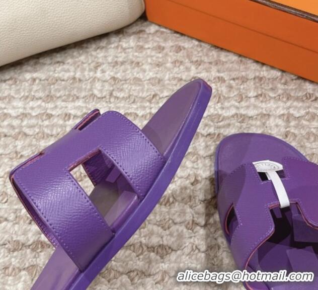 Shop Duplicate Hermes Classic Oran Flat Slide Sandals in Palm Grained Leather Purple 123057