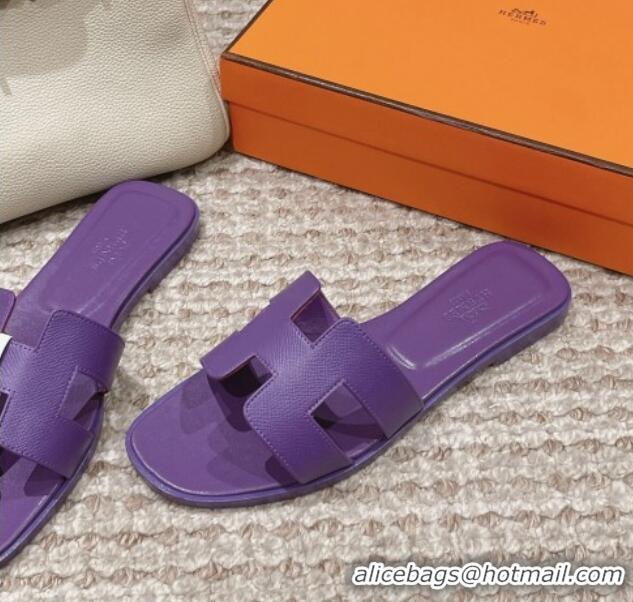 Shop Duplicate Hermes Classic Oran Flat Slide Sandals in Palm Grained Leather Purple 123057