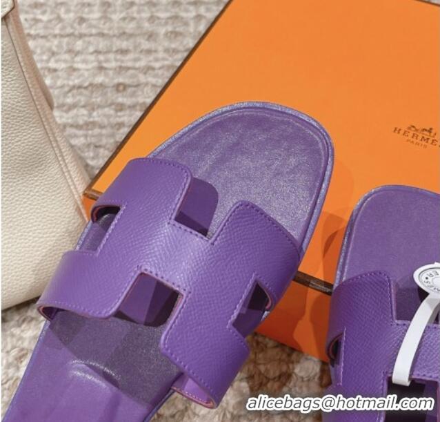 Shop Duplicate Hermes Classic Oran Flat Slide Sandals in Palm Grained Leather Purple 123057