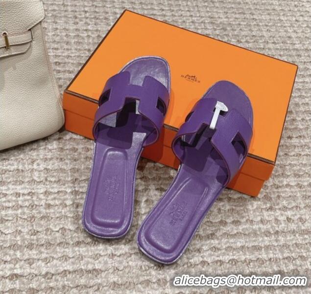 Shop Duplicate Hermes Classic Oran Flat Slide Sandals in Palm Grained Leather Purple 123057