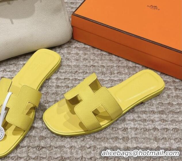 Best Product Hermes Classic Oran Flat Slide Sandals in Palm Grained Leather Yellow 123058