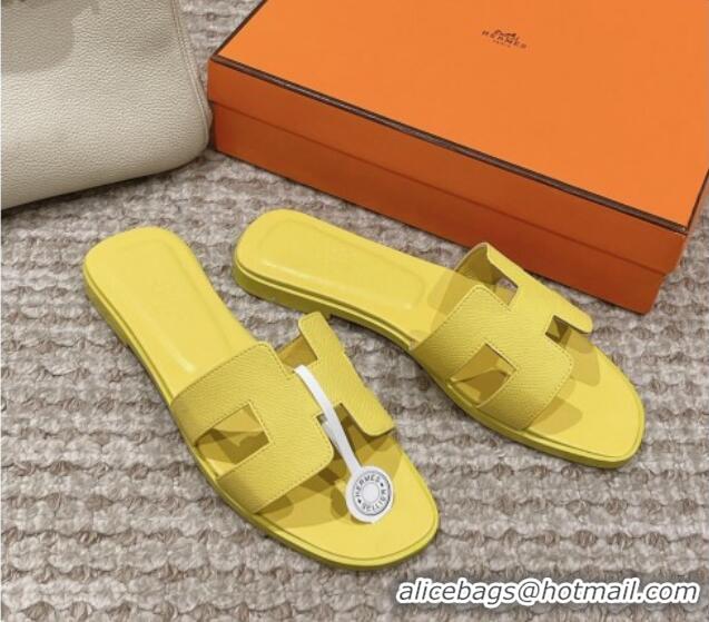 Best Product Hermes Classic Oran Flat Slide Sandals in Palm Grained Leather Yellow 123058