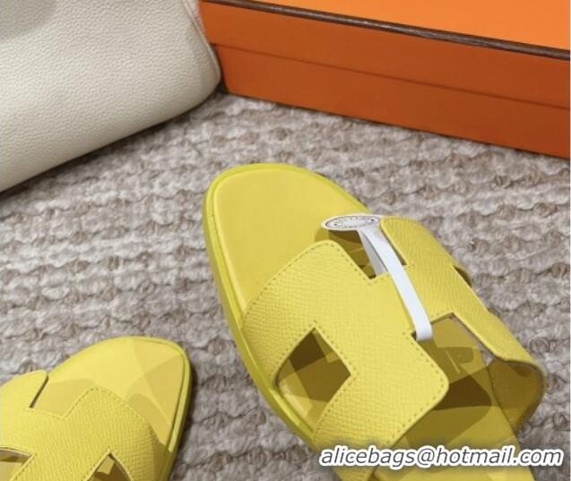 Best Product Hermes Classic Oran Flat Slide Sandals in Palm Grained Leather Yellow 123058