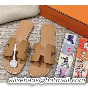 Low Price Hermes Classic Oran Flat Slide Sandals in Palm Grained Leather Brown 123059