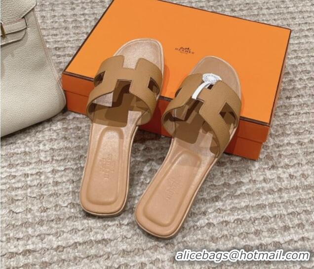 Low Price Hermes Classic Oran Flat Slide Sandals in Palm Grained Leather Brown 123059