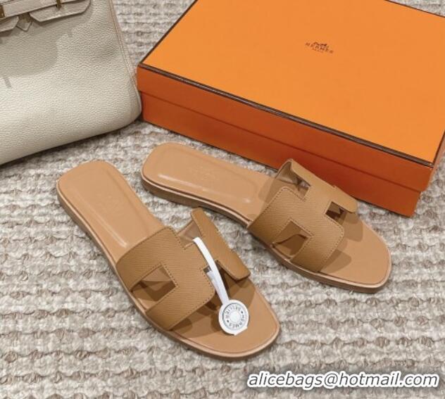 Low Price Hermes Classic Oran Flat Slide Sandals in Palm Grained Leather Brown 123059