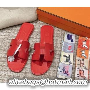 Perfect Hermes Classic Oran Flat Slide Sandals in Palm Grained Leather Red 123060