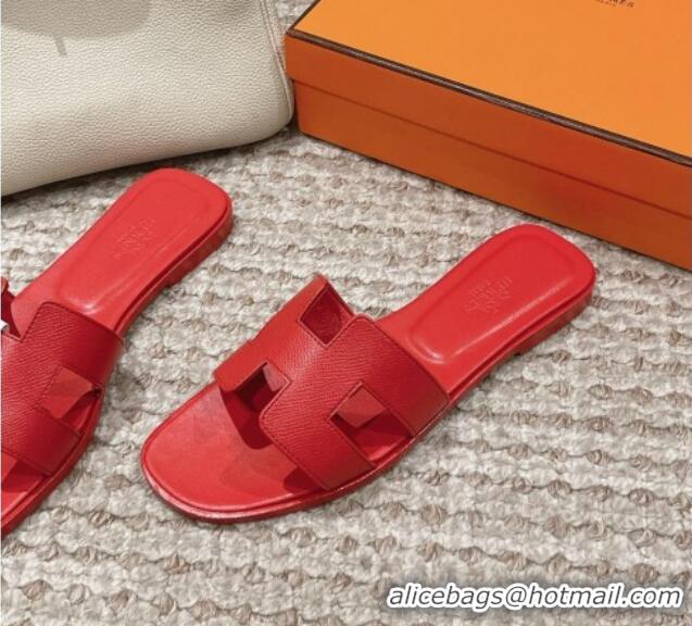 Perfect Hermes Classic Oran Flat Slide Sandals in Palm Grained Leather Red 123060