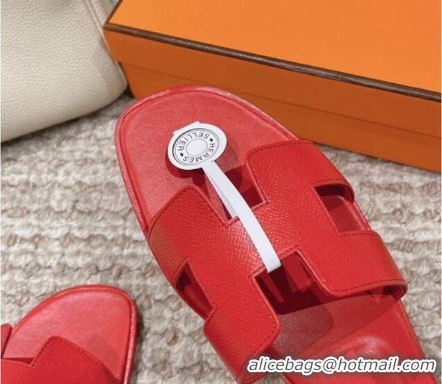 Perfect Hermes Classic Oran Flat Slide Sandals in Palm Grained Leather Red 123060