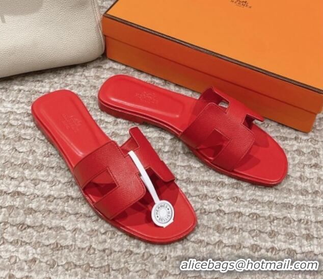 Perfect Hermes Classic Oran Flat Slide Sandals in Palm Grained Leather Red 123060