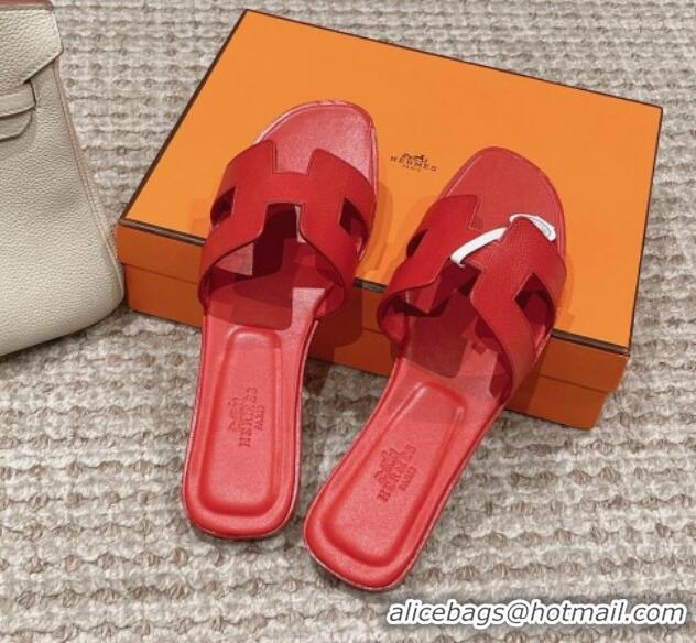 Perfect Hermes Classic Oran Flat Slide Sandals in Palm Grained Leather Red 123060