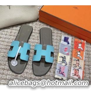 Top Design Hermes Classic Oran Flat Slide Sandals in Palm Grained Leather Blue/Grey 0123063