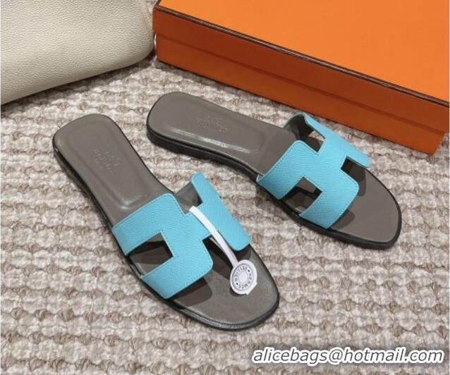 Top Design Hermes Classic Oran Flat Slide Sandals in Palm Grained Leather Blue/Grey 0123063