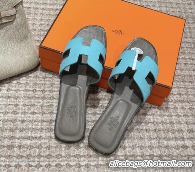 Top Design Hermes Classic Oran Flat Slide Sandals in Palm Grained Leather Blue/Grey 0123063