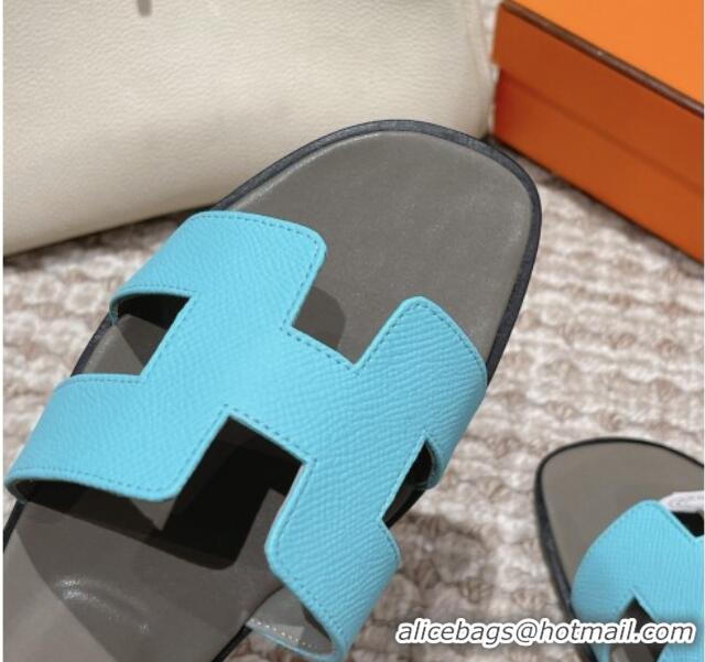 Top Design Hermes Classic Oran Flat Slide Sandals in Palm Grained Leather Blue/Grey 0123063