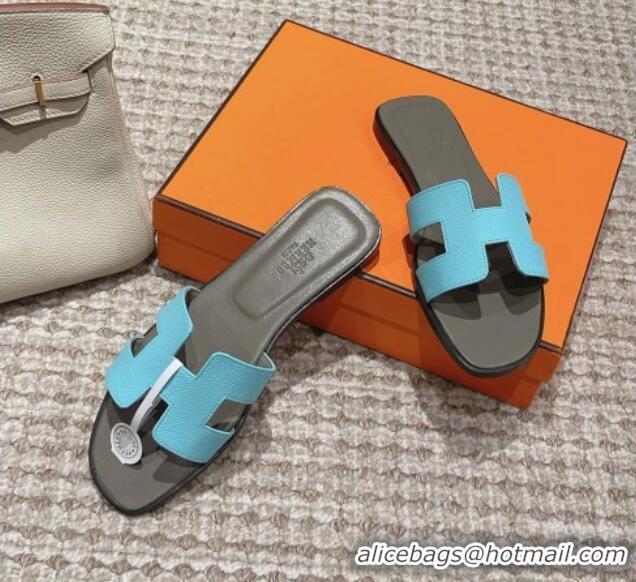 Top Design Hermes Classic Oran Flat Slide Sandals in Palm Grained Leather Blue/Grey 0123063