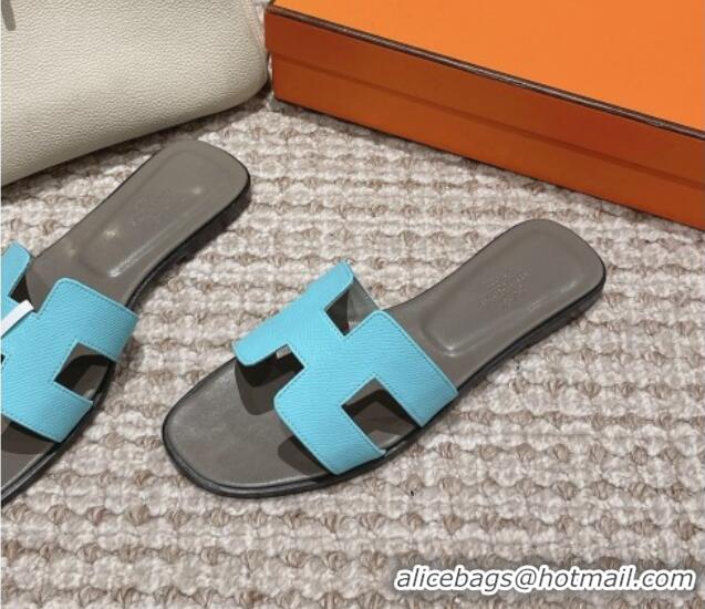 Top Design Hermes Classic Oran Flat Slide Sandals in Palm Grained Leather Blue/Grey 0123063