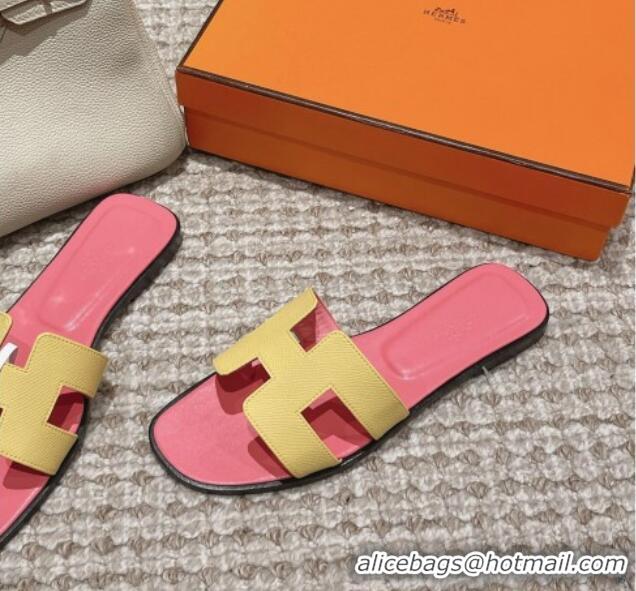 Good Quality Hermes Classic Oran Flat Slide Sandals in Palm Grained Leather Pink/Yellow 0123064