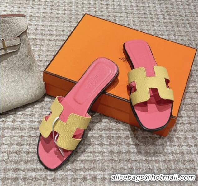 Good Quality Hermes Classic Oran Flat Slide Sandals in Palm Grained Leather Pink/Yellow 0123064