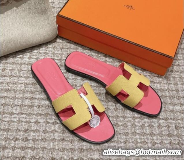 Good Quality Hermes Classic Oran Flat Slide Sandals in Palm Grained Leather Pink/Yellow 0123064