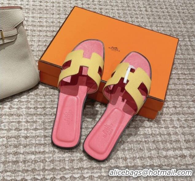 Good Quality Hermes Classic Oran Flat Slide Sandals in Palm Grained Leather Pink/Yellow 0123064