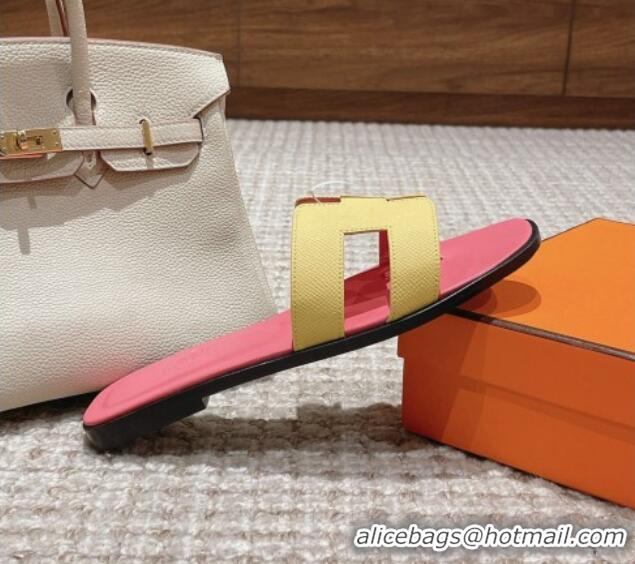 Good Quality Hermes Classic Oran Flat Slide Sandals in Palm Grained Leather Pink/Yellow 0123064