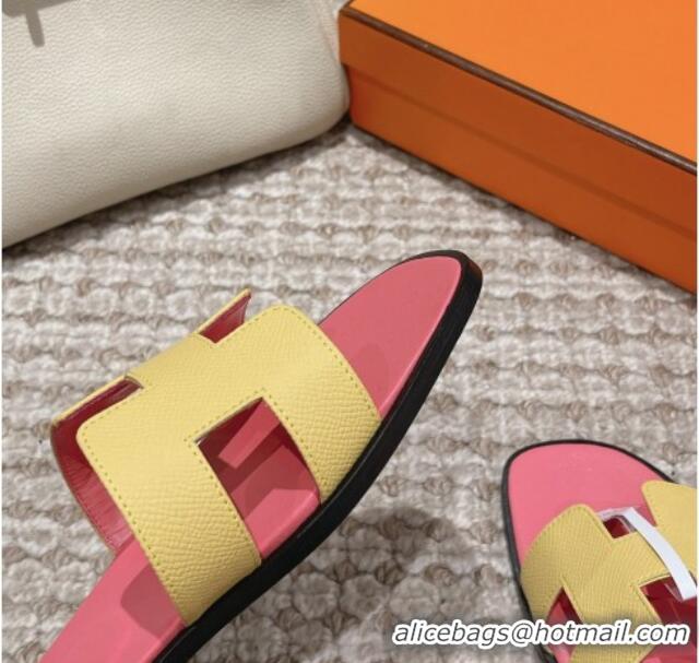 Good Quality Hermes Classic Oran Flat Slide Sandals in Palm Grained Leather Pink/Yellow 0123064