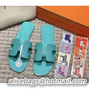 Charming Hermes Classic Oran Flat Slide Sandals in Palm Grained Leather Blue 0123065