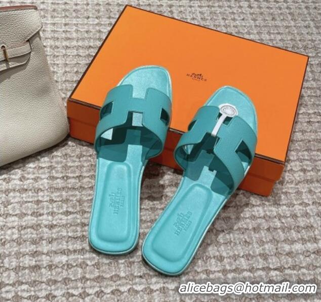 Charming Hermes Classic Oran Flat Slide Sandals in Palm Grained Leather Blue 0123065