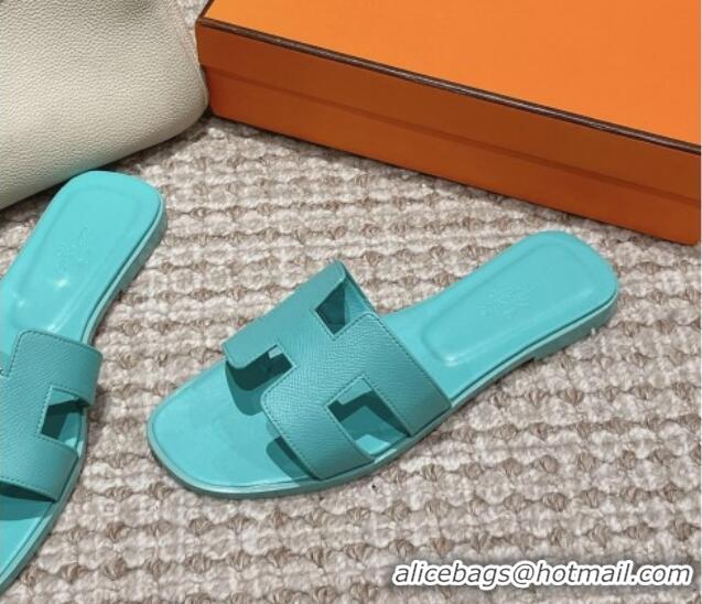 Charming Hermes Classic Oran Flat Slide Sandals in Palm Grained Leather Blue 0123065