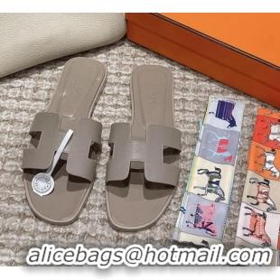 Best Grade Hermes Classic Oran Flat Slide Sandals in Palm Grained Leather Grey 0123066