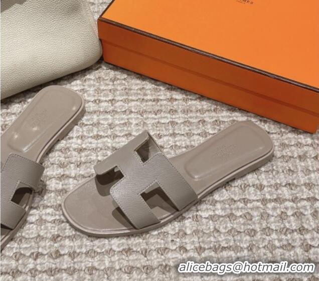 Best Grade Hermes Classic Oran Flat Slide Sandals in Palm Grained Leather Grey 0123066