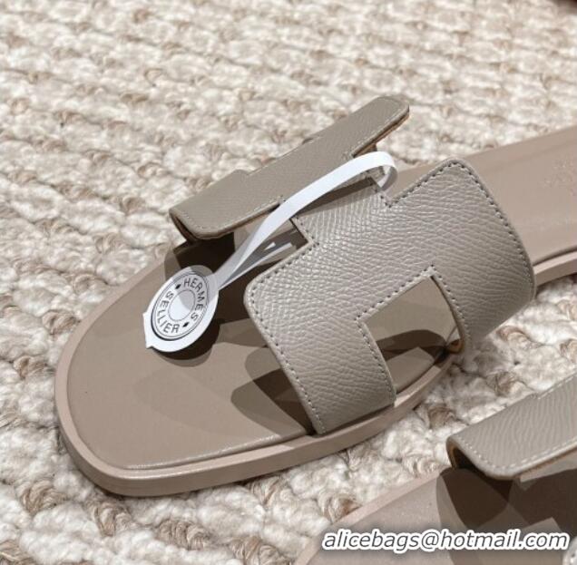 Best Grade Hermes Classic Oran Flat Slide Sandals in Palm Grained Leather Grey 0123066