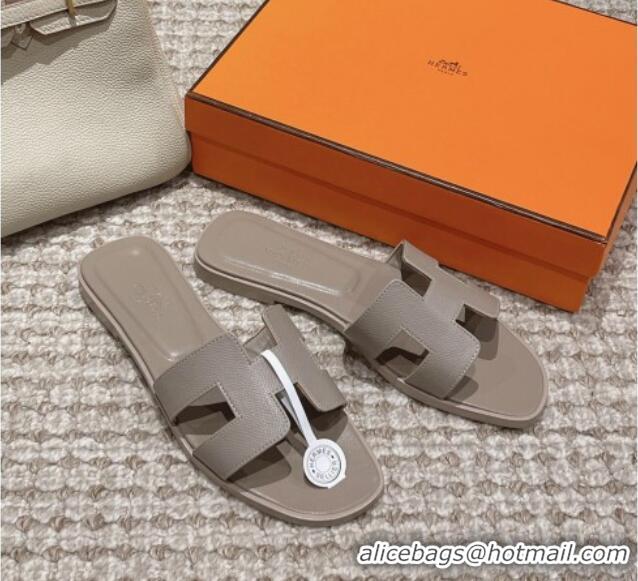 Best Grade Hermes Classic Oran Flat Slide Sandals in Palm Grained Leather Grey 0123066