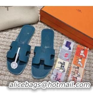 Luxury Hermes Classic Oran Flat Slide Sandals in Palm Grained Leather Blue 123068