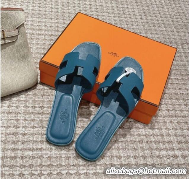 Luxury Hermes Classic Oran Flat Slide Sandals in Palm Grained Leather Blue 123068