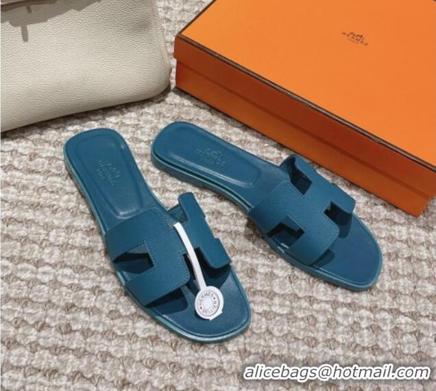 Luxury Hermes Classic Oran Flat Slide Sandals in Palm Grained Leather Blue 123068