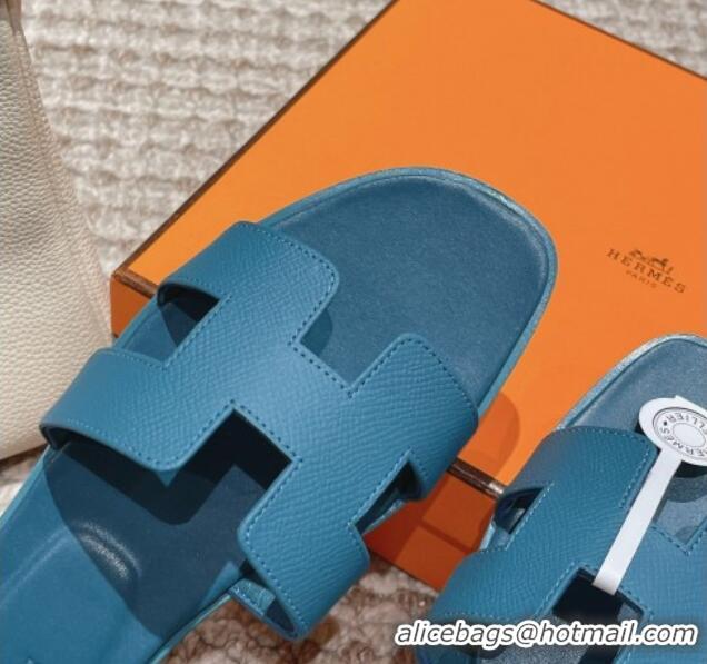 Luxury Hermes Classic Oran Flat Slide Sandals in Palm Grained Leather Blue 123068