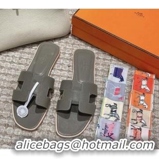 Fashion Hermes Classic Oran Flat Slide Sandals in Palm Grained Leather Grey 0123069