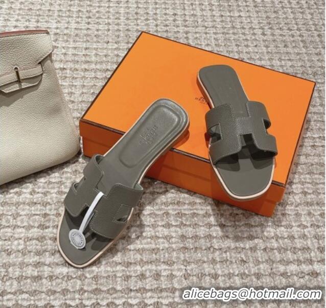 Fashion Hermes Classic Oran Flat Slide Sandals in Palm Grained Leather Grey 0123069