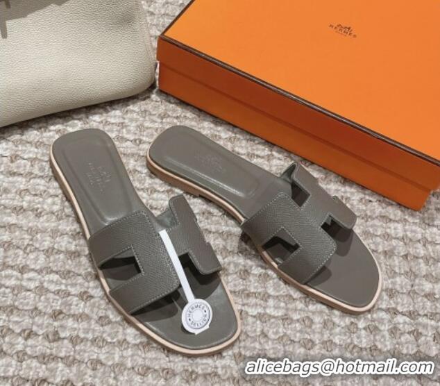 Fashion Hermes Classic Oran Flat Slide Sandals in Palm Grained Leather Grey 0123069