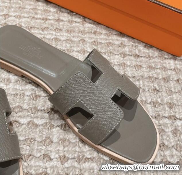 Fashion Hermes Classic Oran Flat Slide Sandals in Palm Grained Leather Grey 0123069