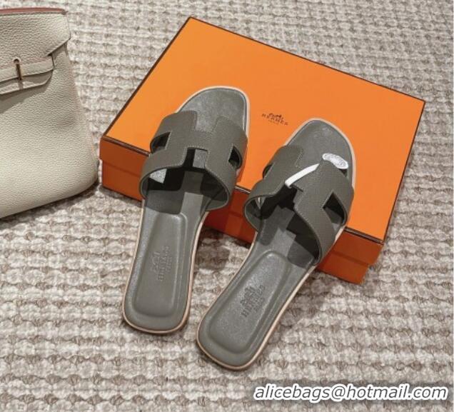 Fashion Hermes Classic Oran Flat Slide Sandals in Palm Grained Leather Grey 0123069