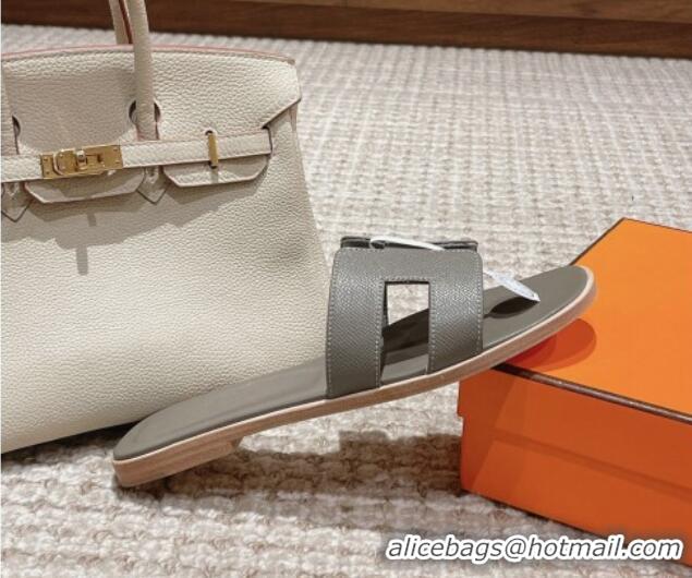 Fashion Hermes Classic Oran Flat Slide Sandals in Palm Grained Leather Grey 0123069