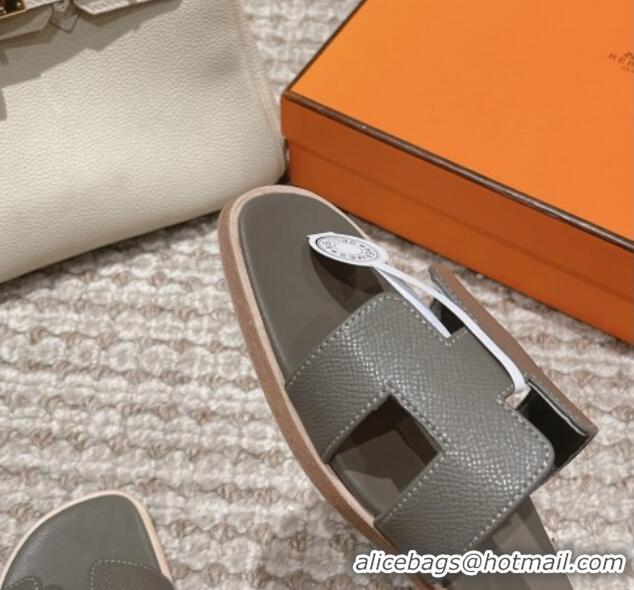 Fashion Hermes Classic Oran Flat Slide Sandals in Palm Grained Leather Grey 0123069