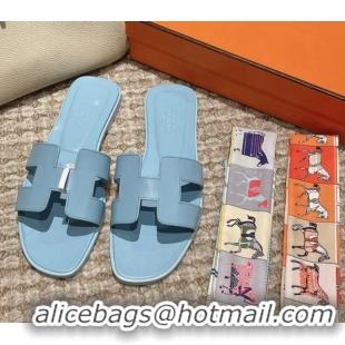 Stylish Hermes Classic Oran Flat Slide Sandals in Smooth Leather Blue 0123071