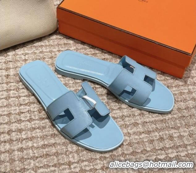 Stylish Hermes Classic Oran Flat Slide Sandals in Smooth Leather Blue 0123071